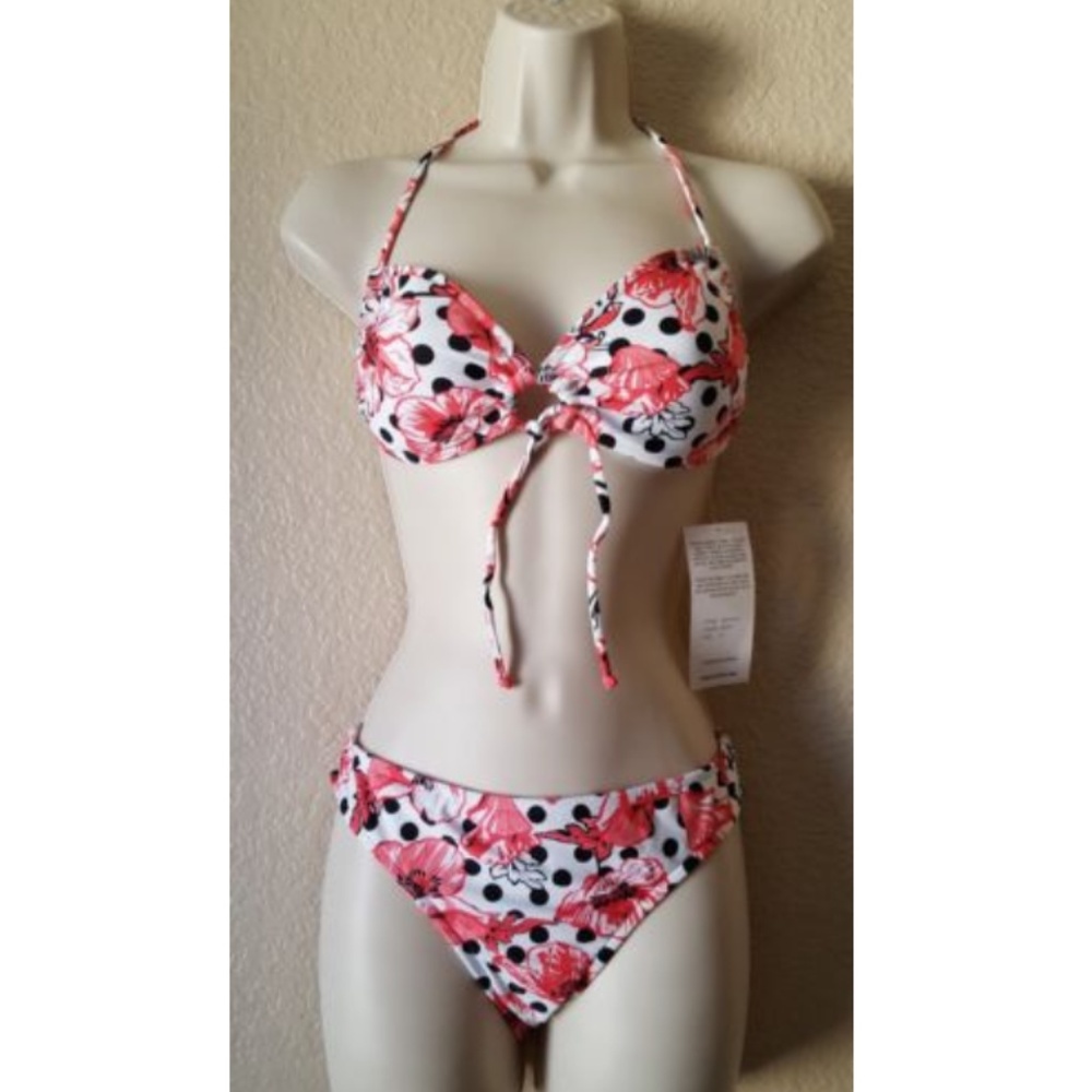 Surfside 2pc Floral Polka Dot Halter Bikini Swimsuit Set Size M Pink